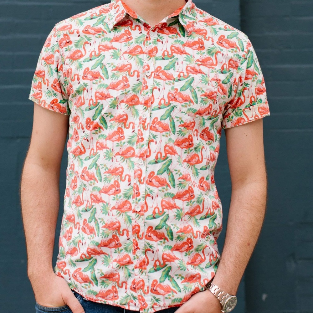 Flamingo short sleeve button down, size L, 100% cotton, Straight Faded Brand